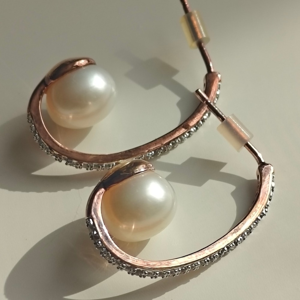 Honora Italy Rose Gold Bronze Real Pearl Crystal Pave Open Hoop Earrings - Picture 3 of 7